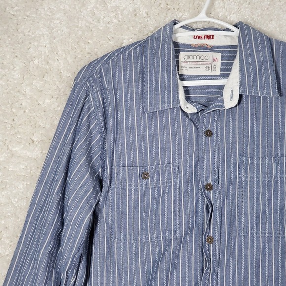 Gramicci Mens Stripe Roll Tab Shirt Medium Blue Button Up Casual Outdoors - Picture 2 of 12